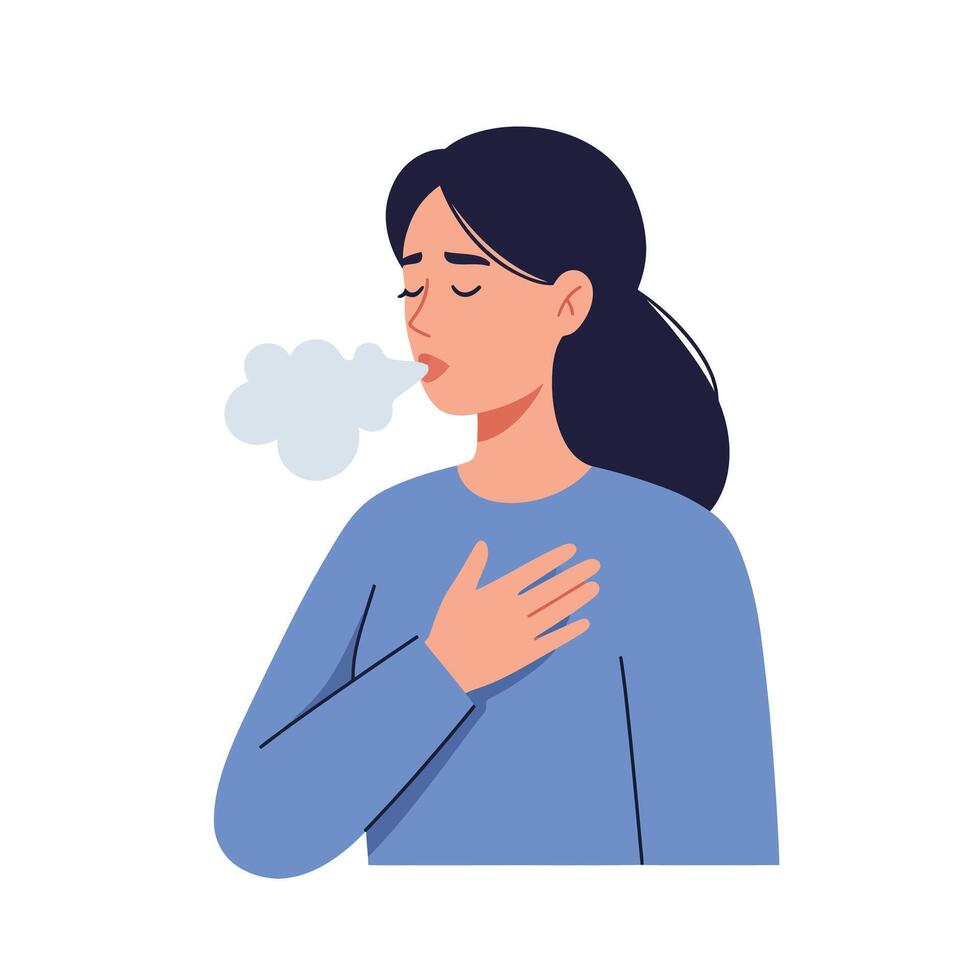 Woman exhaling breath with hand on heart in minimal art vector