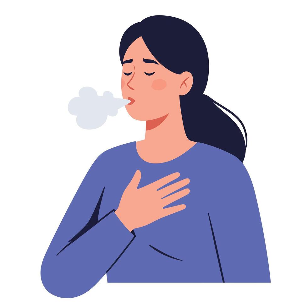 Woman exhaling smoke in flat style illustration with calming expression and soft colors vector