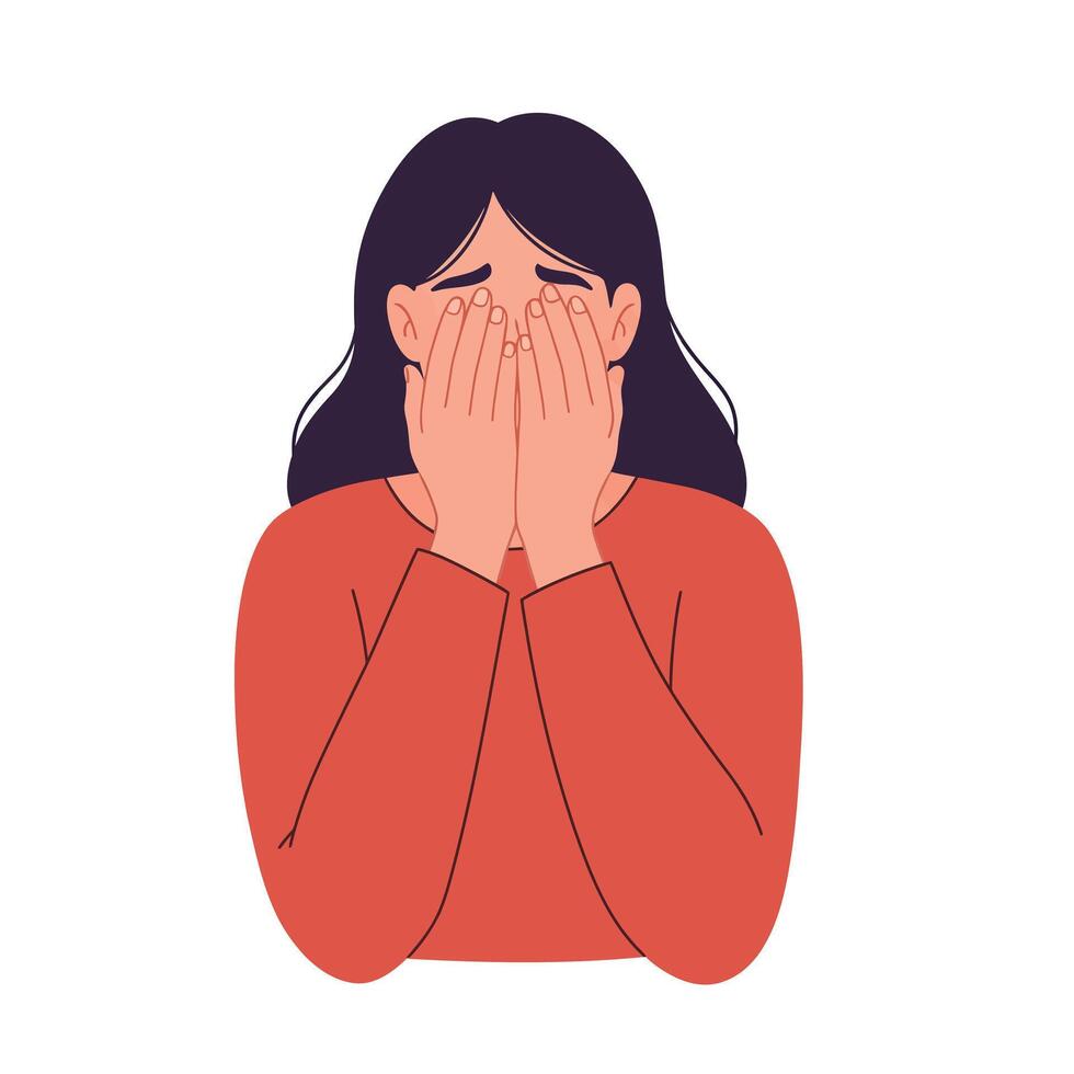 Woman expressing emotions with hands on face in flat illustration vector
