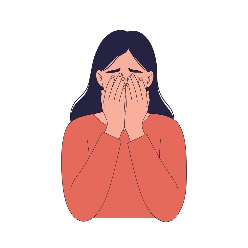 Woman with hands on face expressing sadness in flat art vector