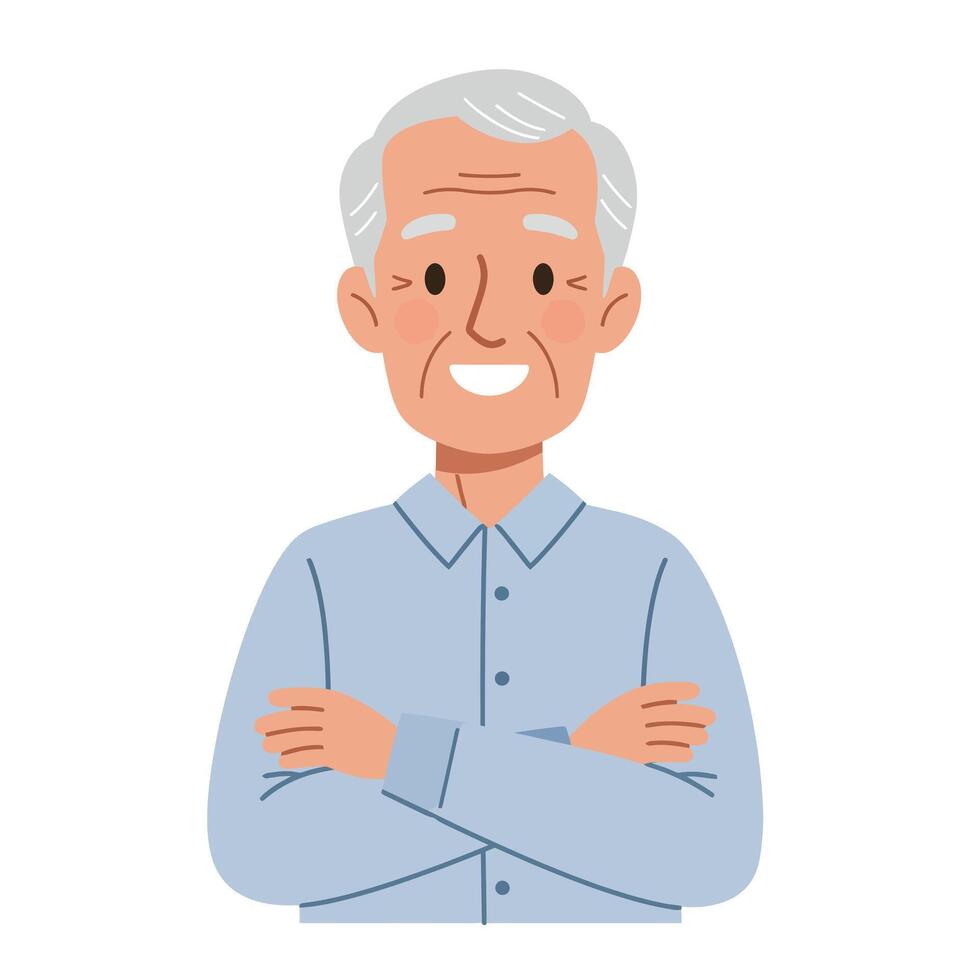 Smiling elderly man with crossed arms in flat art style. vector