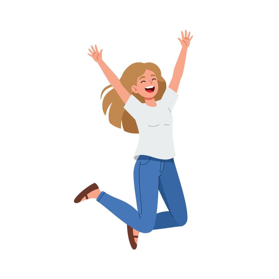 Happy woman jumping with joy in flat design style art vector