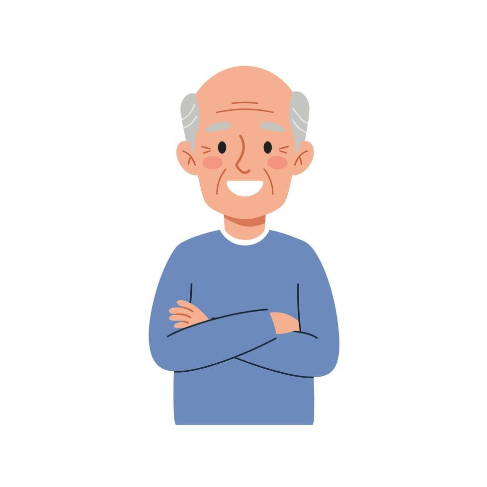 Smiling elderly man in casual attire with crossed arms in flat art vector