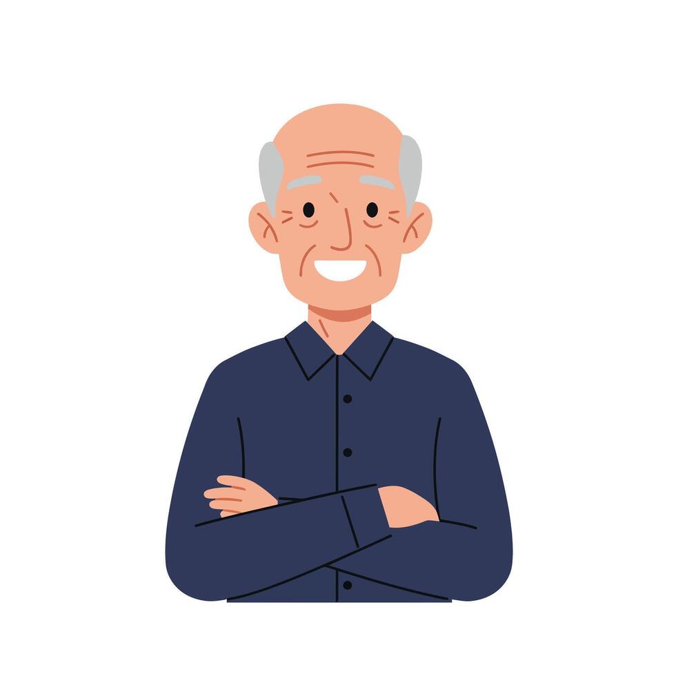 Elderly man smiling with arms crossed in flat illustration vector