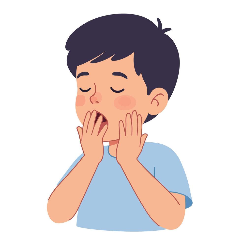 Young boy yawning with hands on face in flat art vector