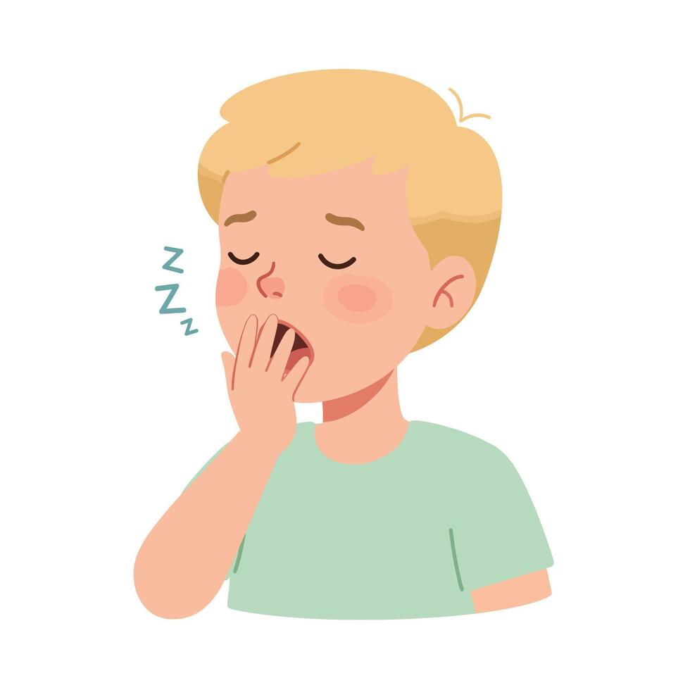 Yawning boy character in flat design style showcasing sleepiness in illustration vector
