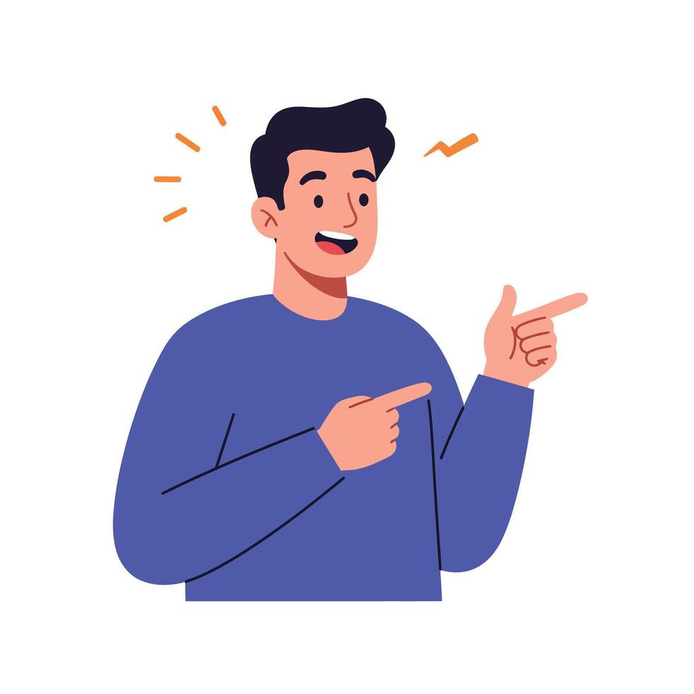Friendly male character pointing and smiling in flat art style vector