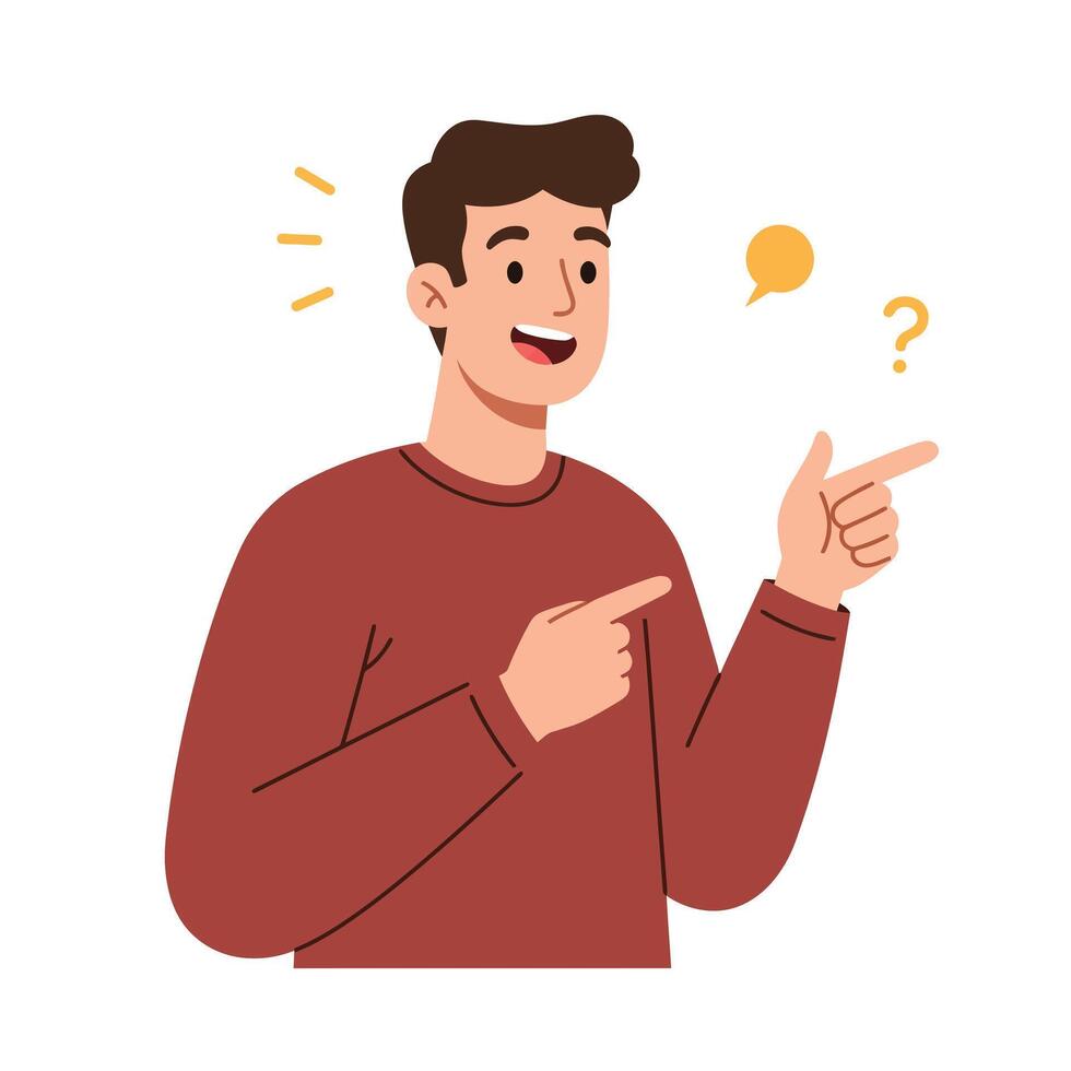 Person with cheerful expression pointing and thinking in flat illustration vector
