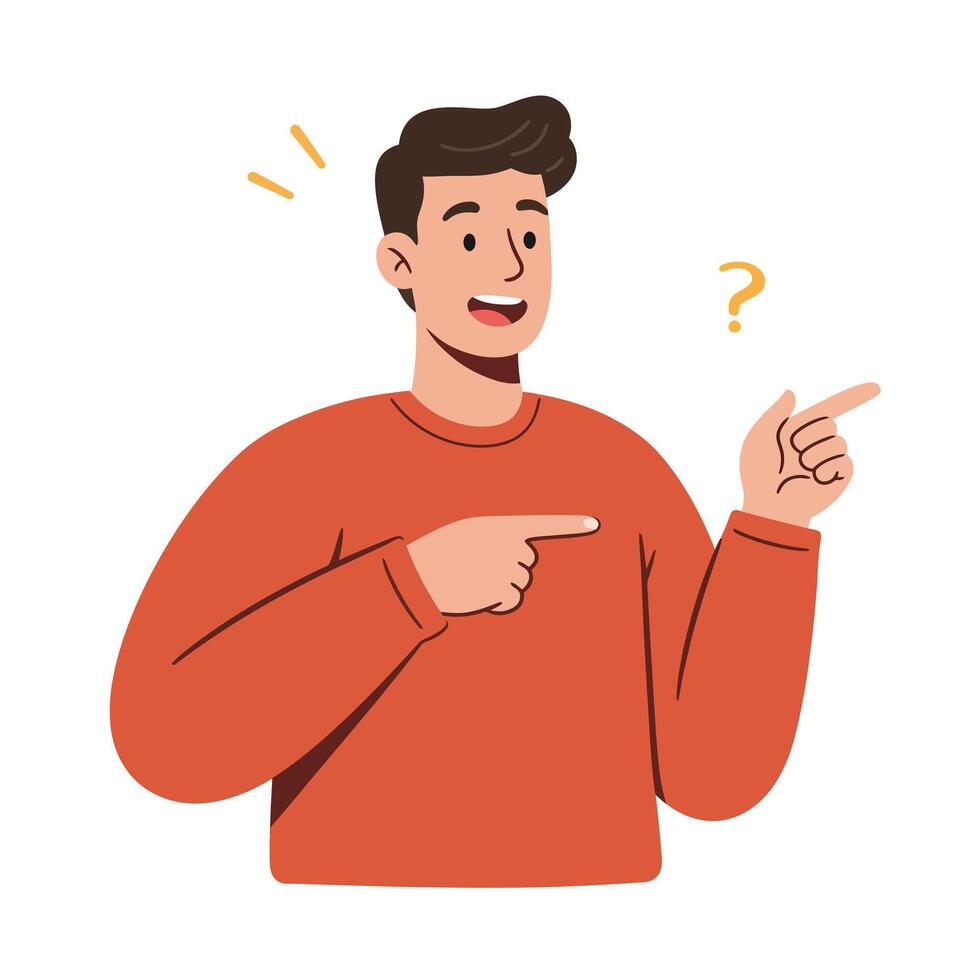 Person with orange sweater pointing and smiling in flat art style vector