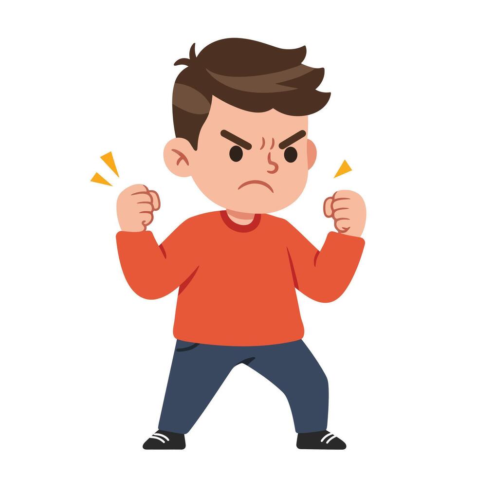 Angry boy character with clenched fists in flat style art vector