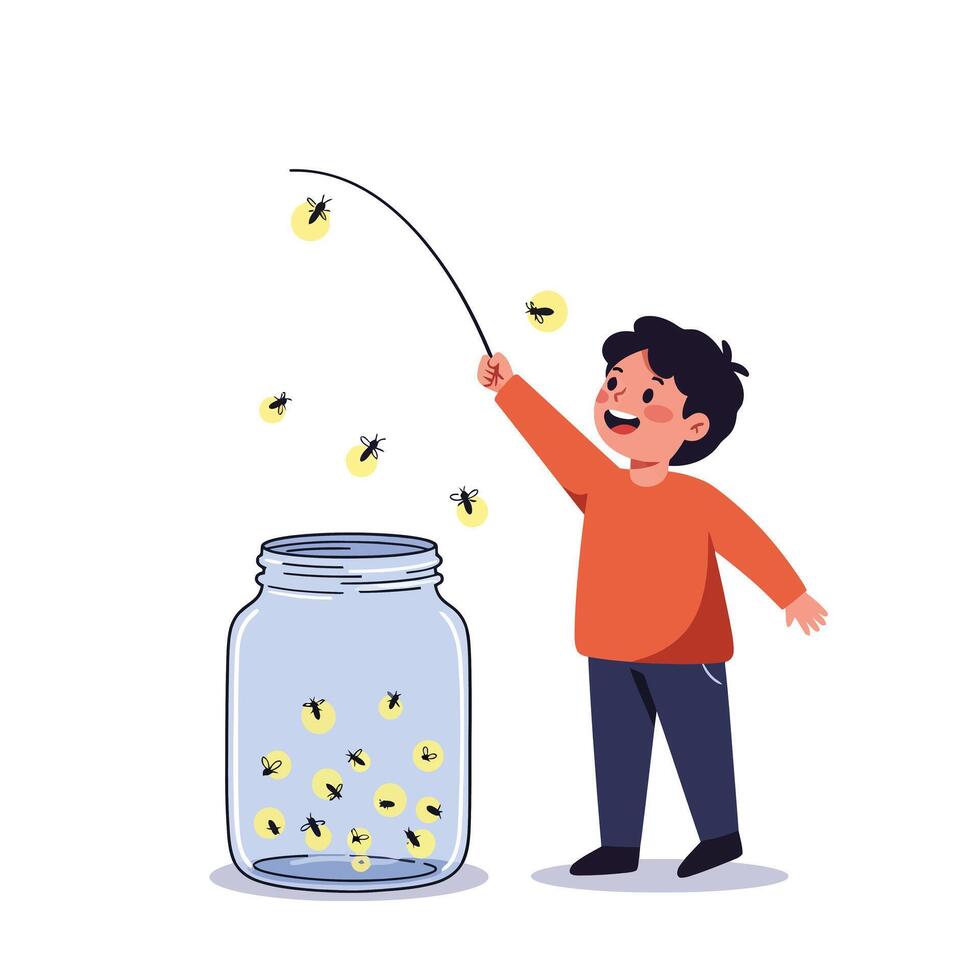 Boy catching fireflies in a jar with playful expression in flat art vector
