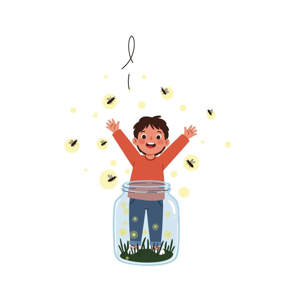 Happy child celebrating freedom in a jar with glowing lights flat art vector