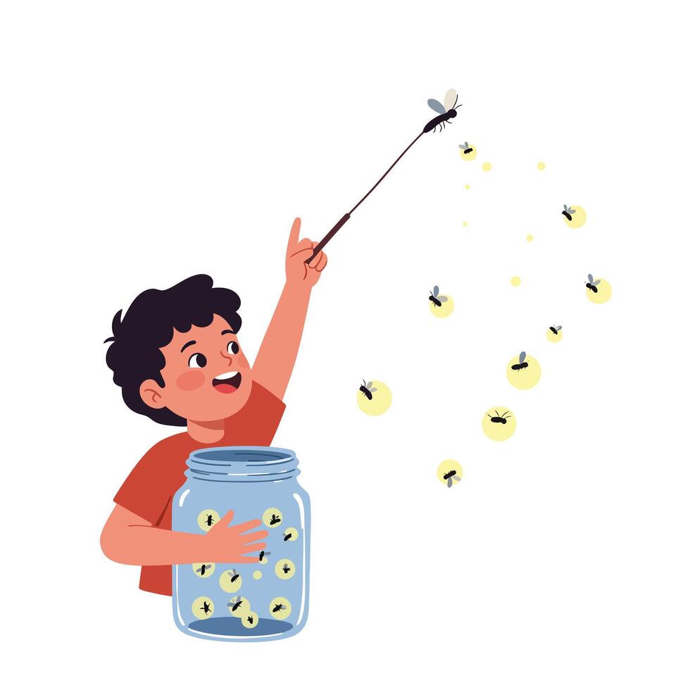 Child Catching Fireflies in Jar with Joyful Expression Flat Illustration vector