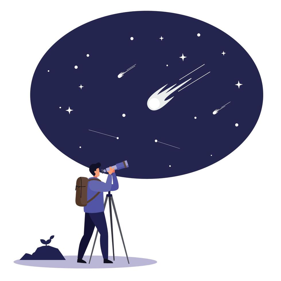 A Astronomer observing shooting stars through telescope in flat art vector