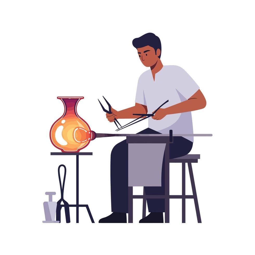 Glassblower crafting vibrant art piece using flame and tools in flat illustration vector
