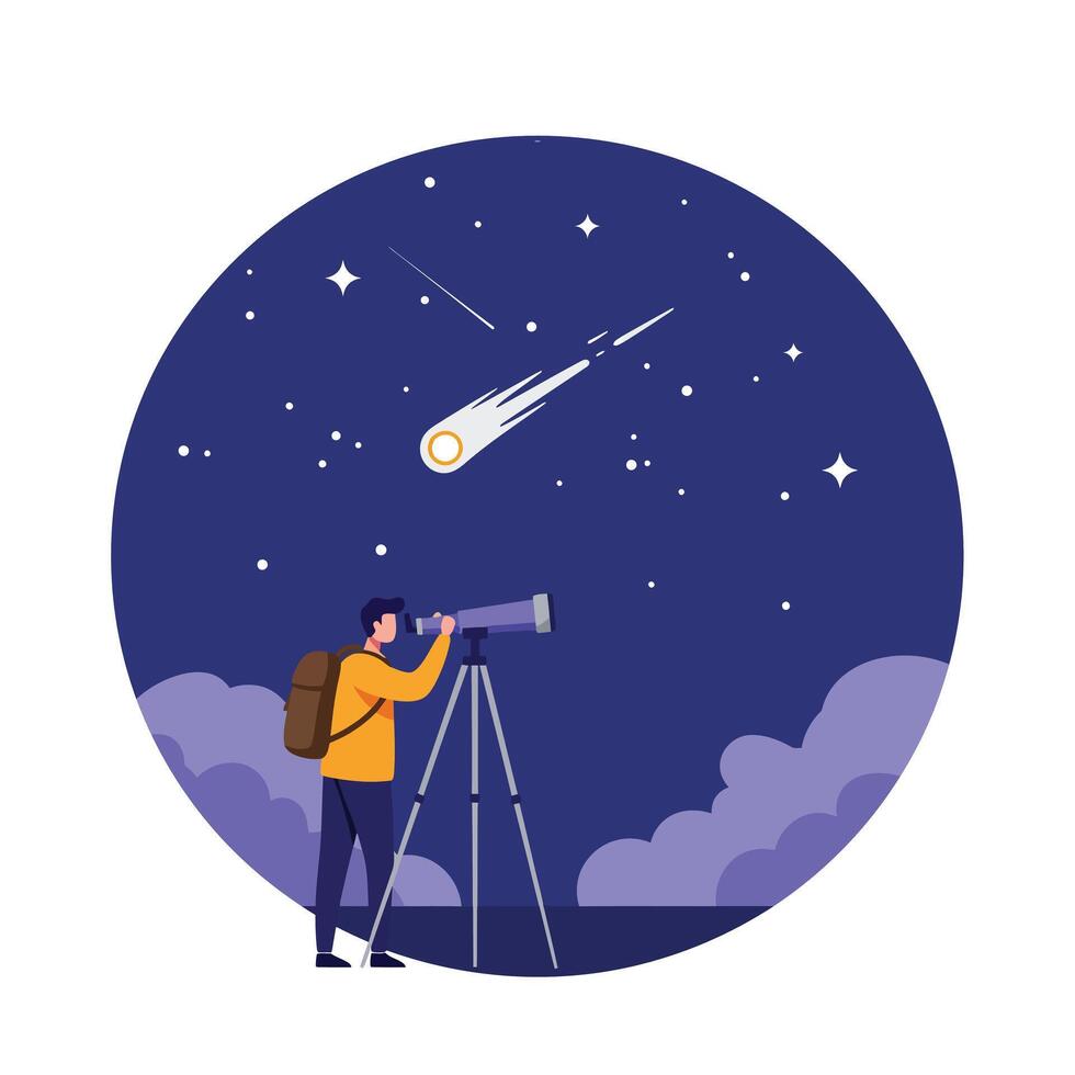 Astronomer observing shooting stars with telescope in flat art vector