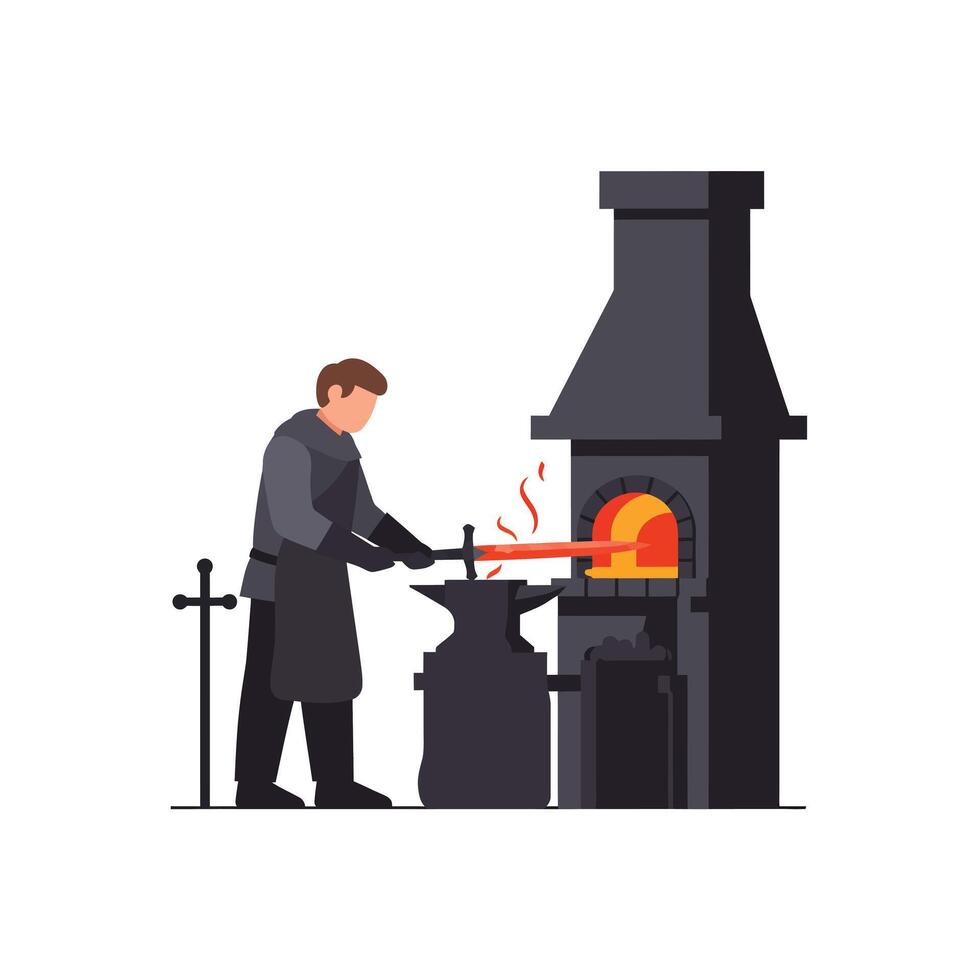 Blacksmith working at forge in flat art style with fiery furnace and tools in illustration vector