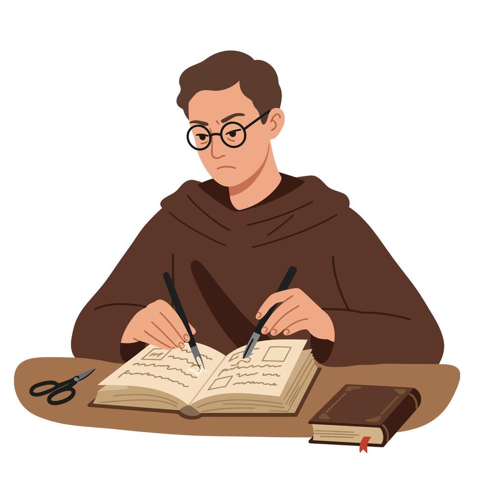 Focused person studying with books and tools in flat illustration vector