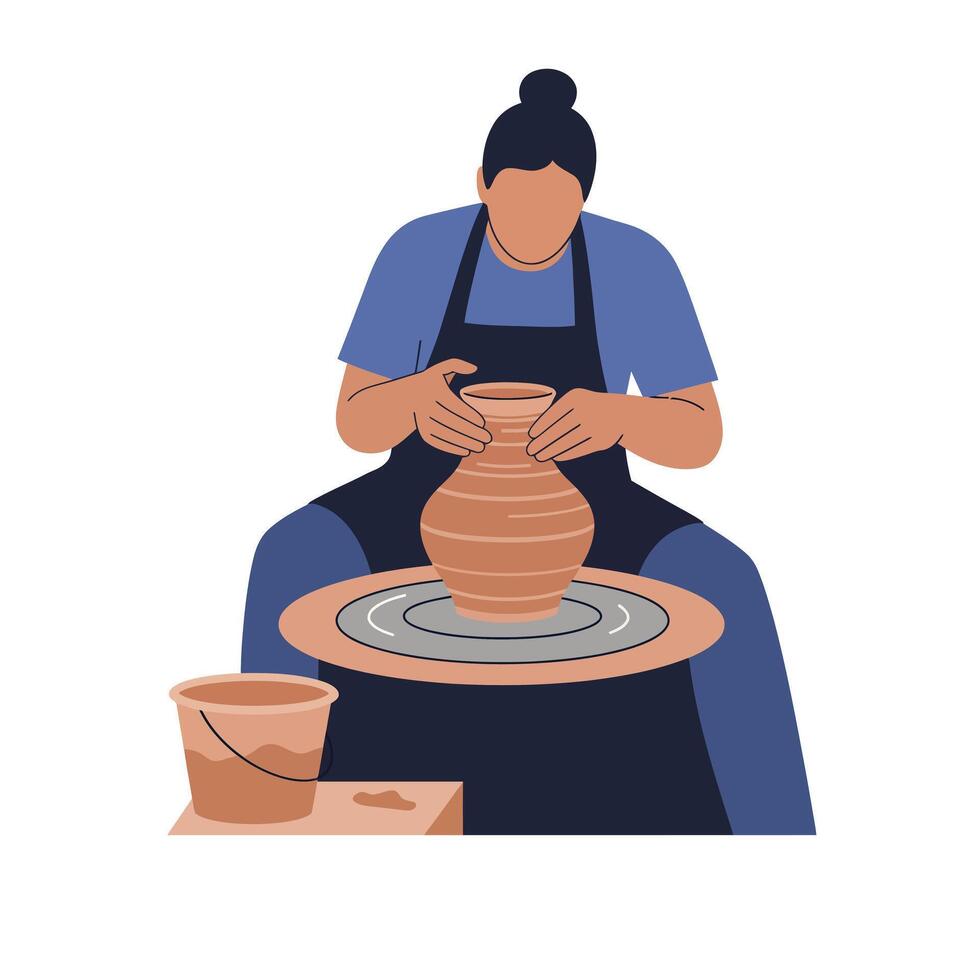Potter shaping clay on wheel in minimal style art vector