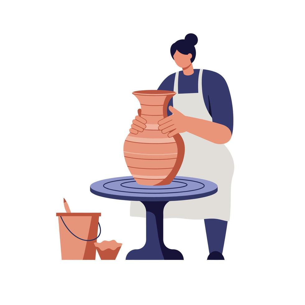 Potter shaping clay vase on wheel in flat art style vector
