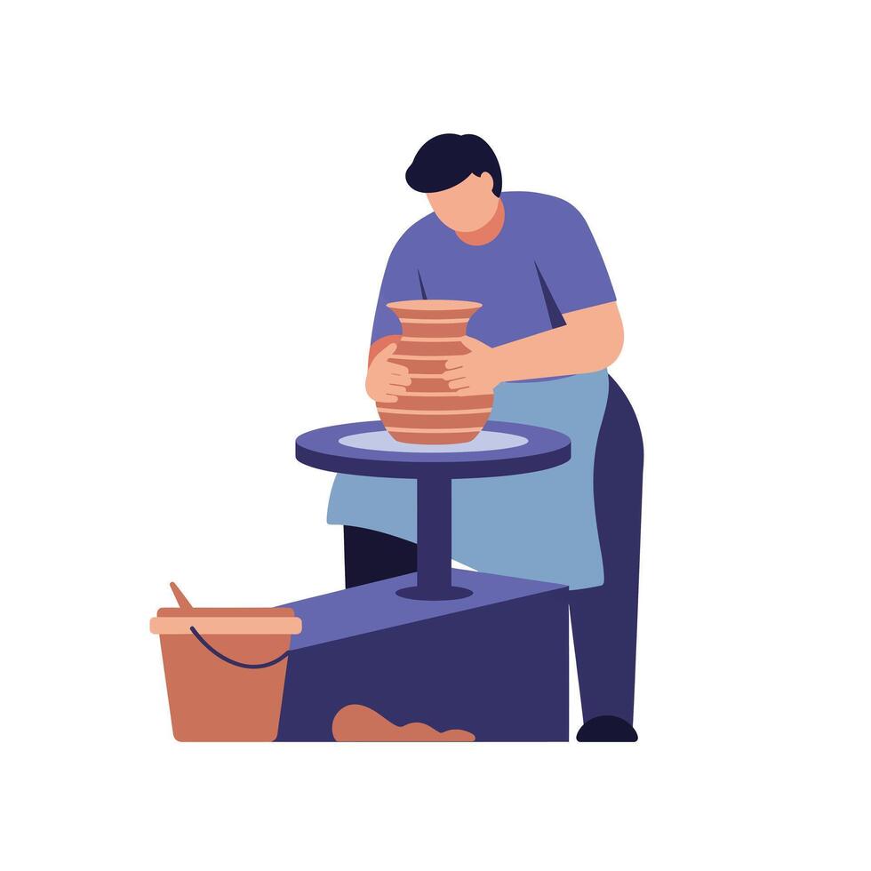 Potter shaping clay on wheel with flat design in art style vector
