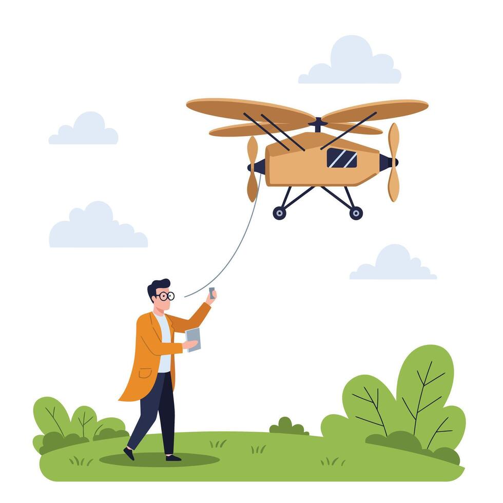 Man operating a drone in a park with flat design art vector