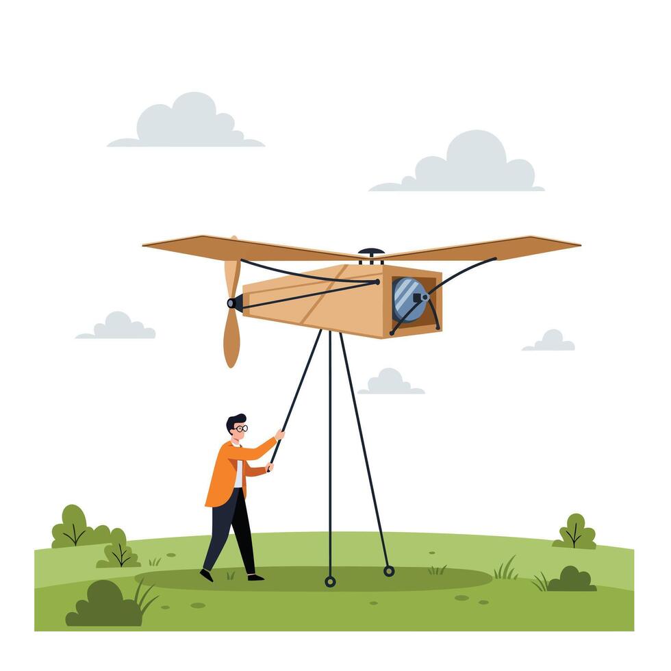 Man operating a wooden airplane model in a flat art style vector