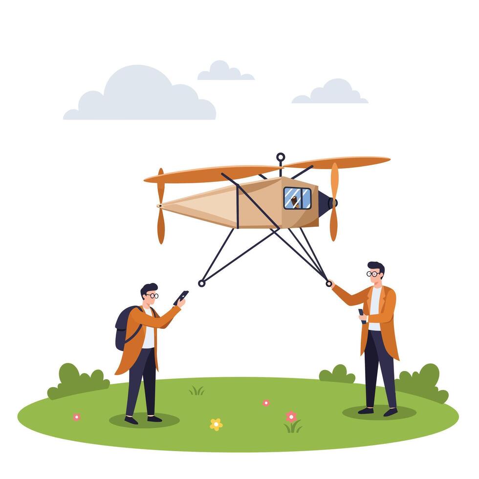 Two men launching a small aircraft in a flat design illustration vector