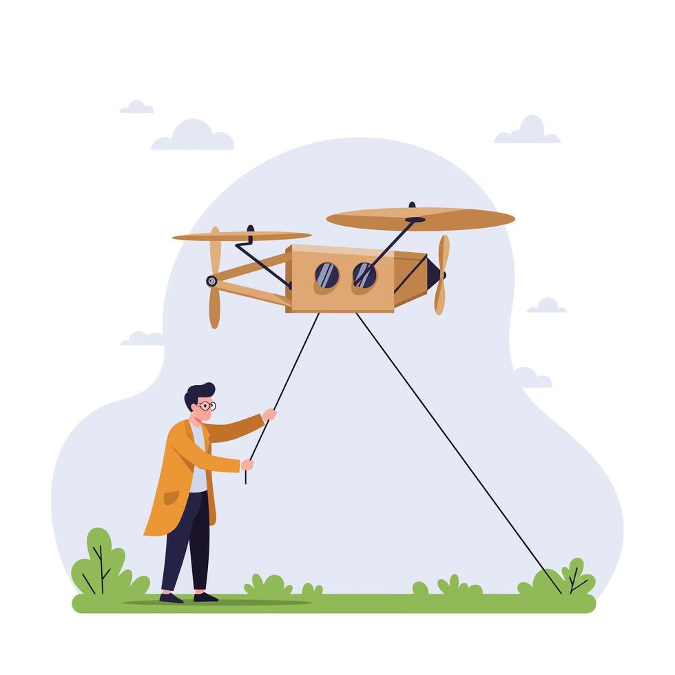 Man controlling a vintage drone in flat design art vector