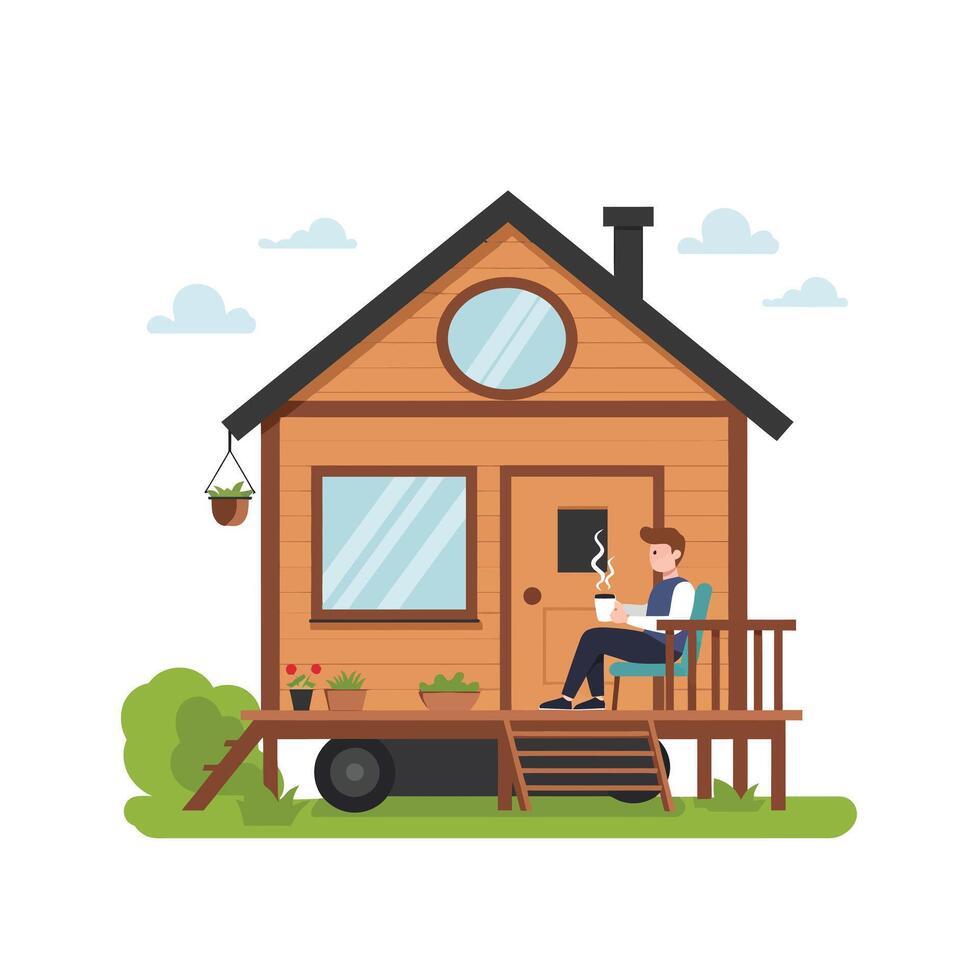 Cozy wooden house with a deck and a person enjoying coffee in flat art vector