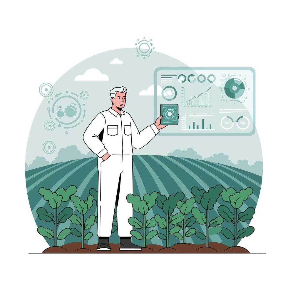 Farmer using technology in the field with flat design art vector