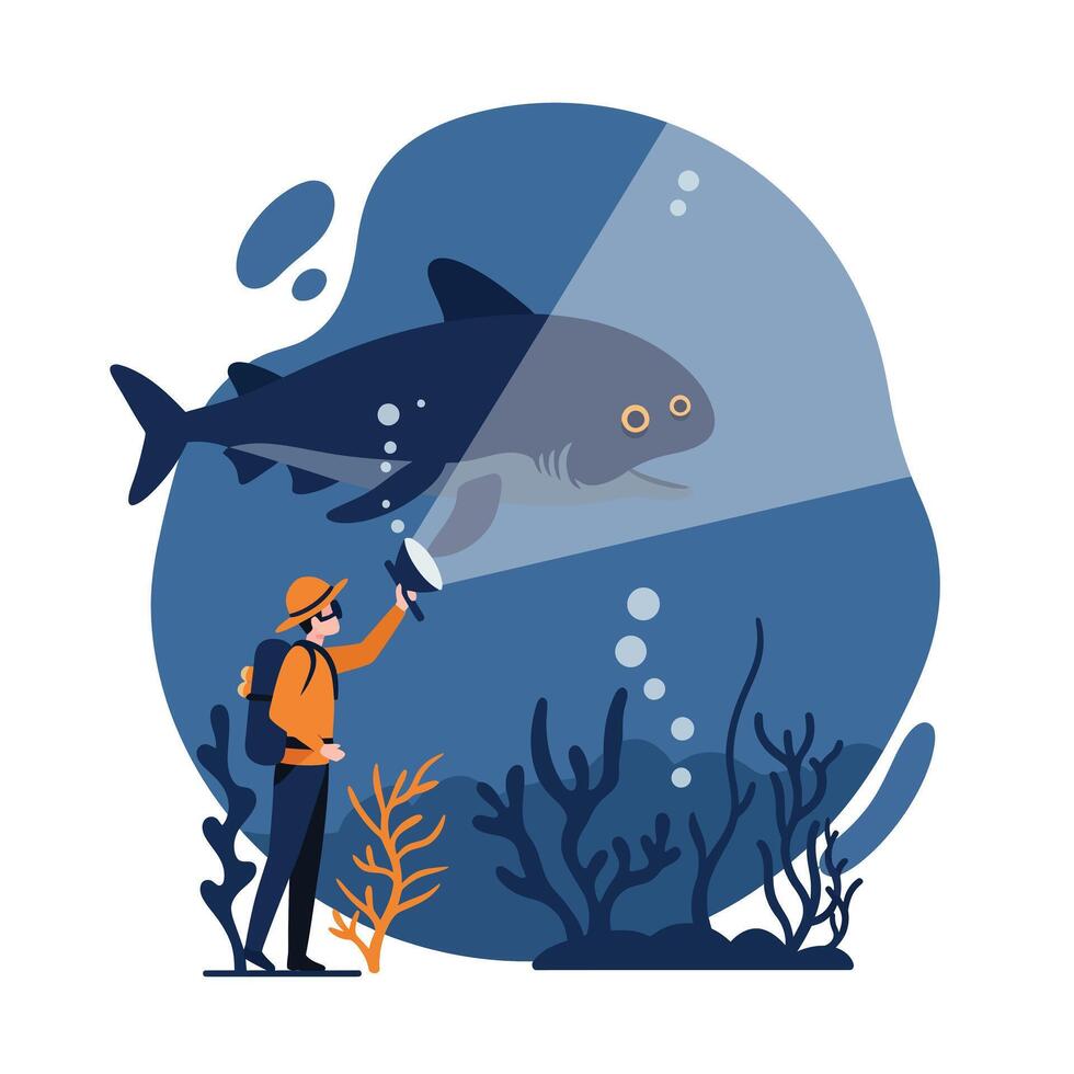 Diver exploring underwater scene with shark in flat art style vector