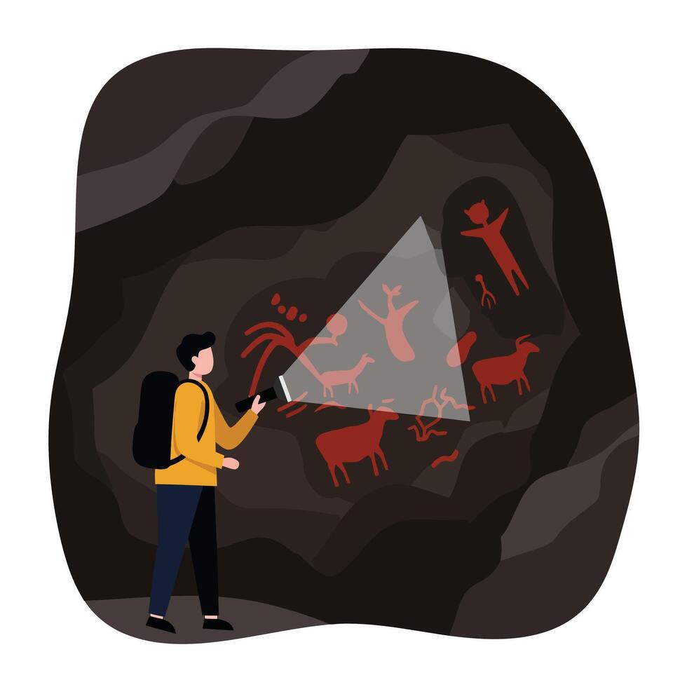 Cave exploration with flashlight illuminating ancient animal drawings in flat art vector