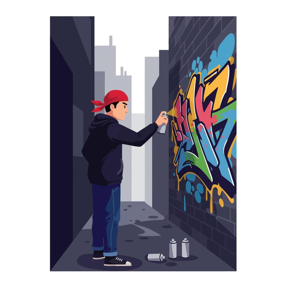 Street artist creating vibrant graffiti in urban alley with flat illustration vector