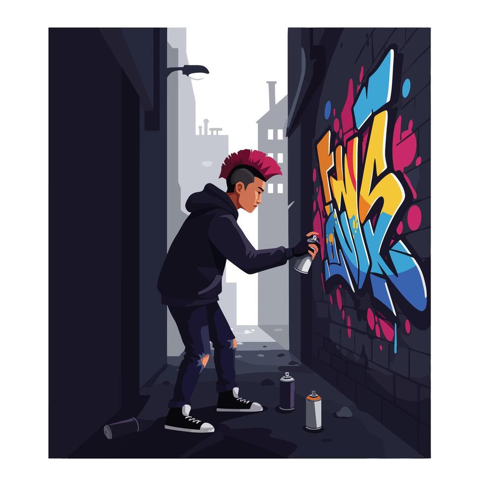 Young graffiti artist creating vibrant street art in flat illustration vector