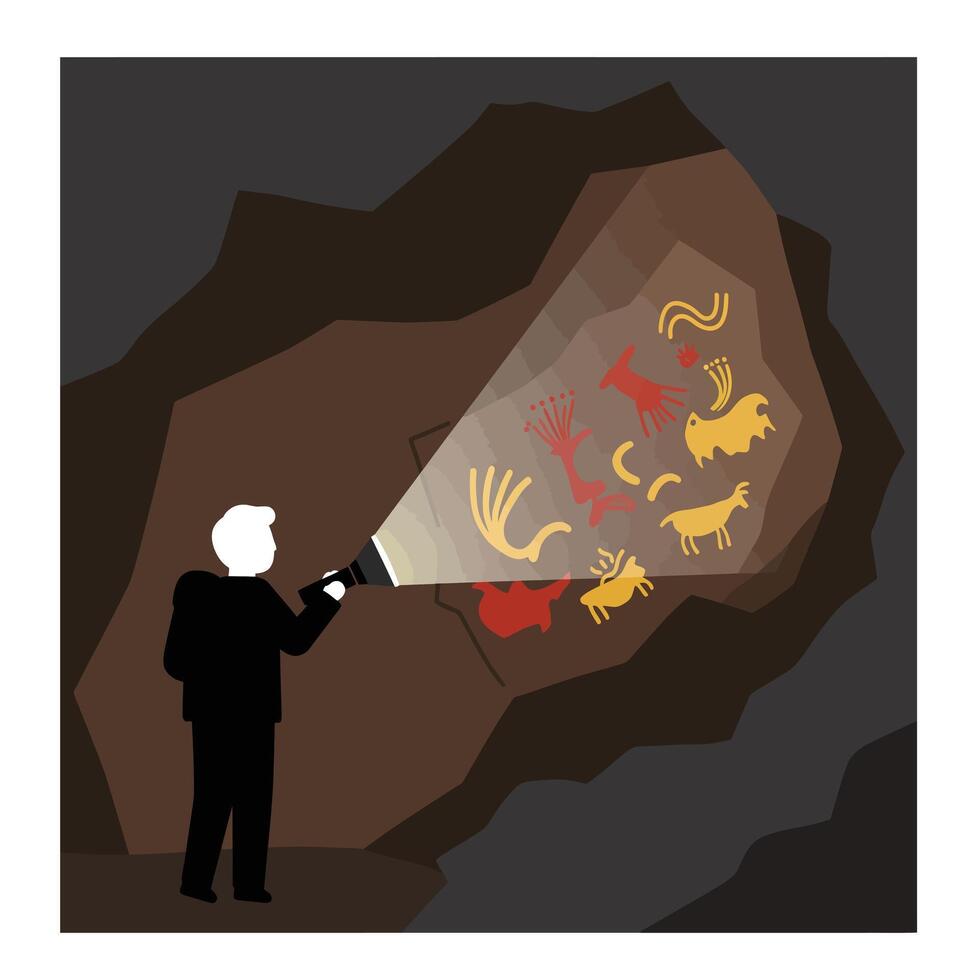Person exploring cave paintings with flashlight in minimal art vector