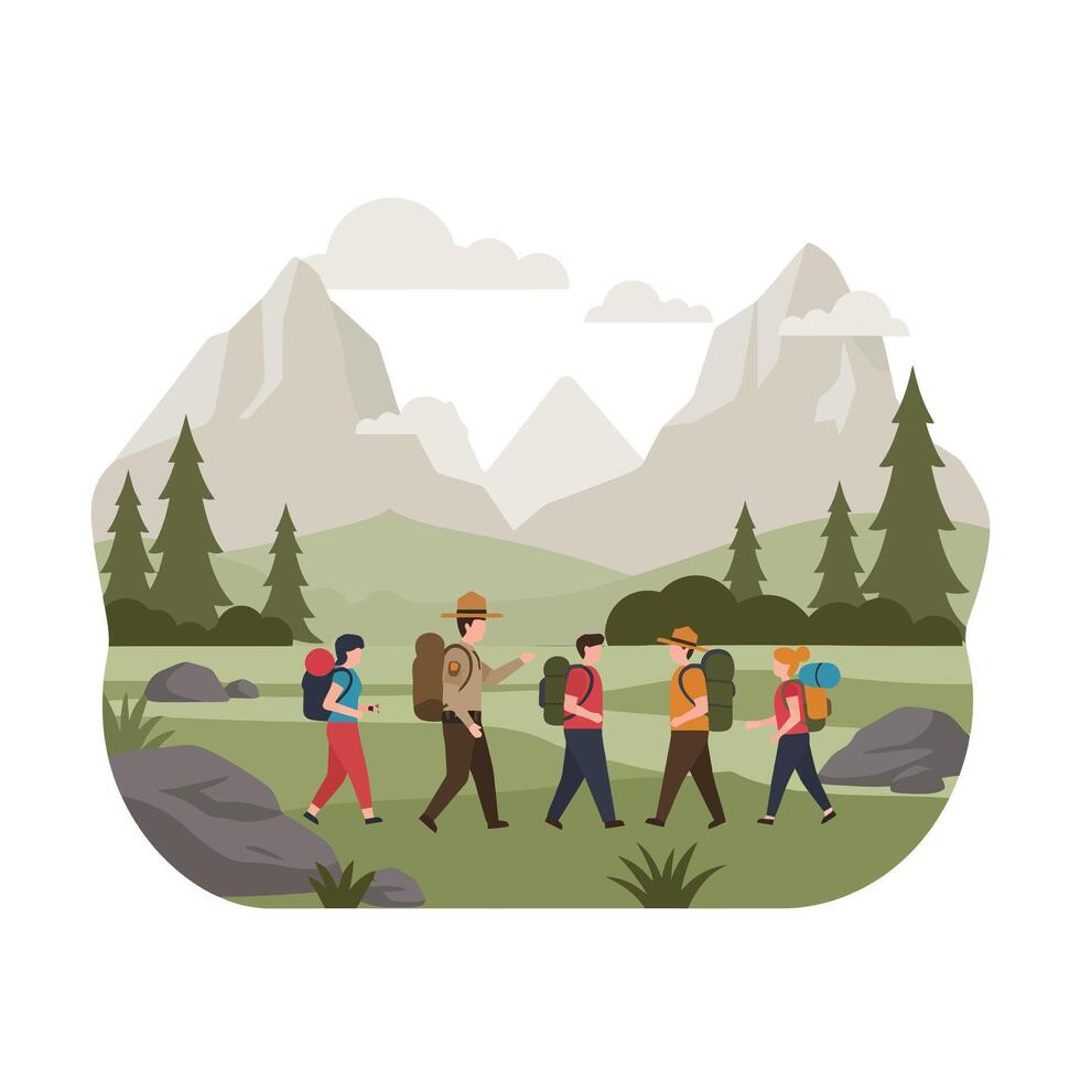 Group of hikers exploring nature in flat design art vector