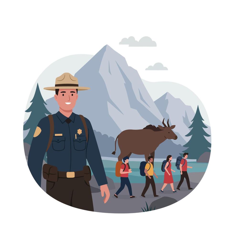 Park ranger guiding hikers with moose in background, flat illustration vector