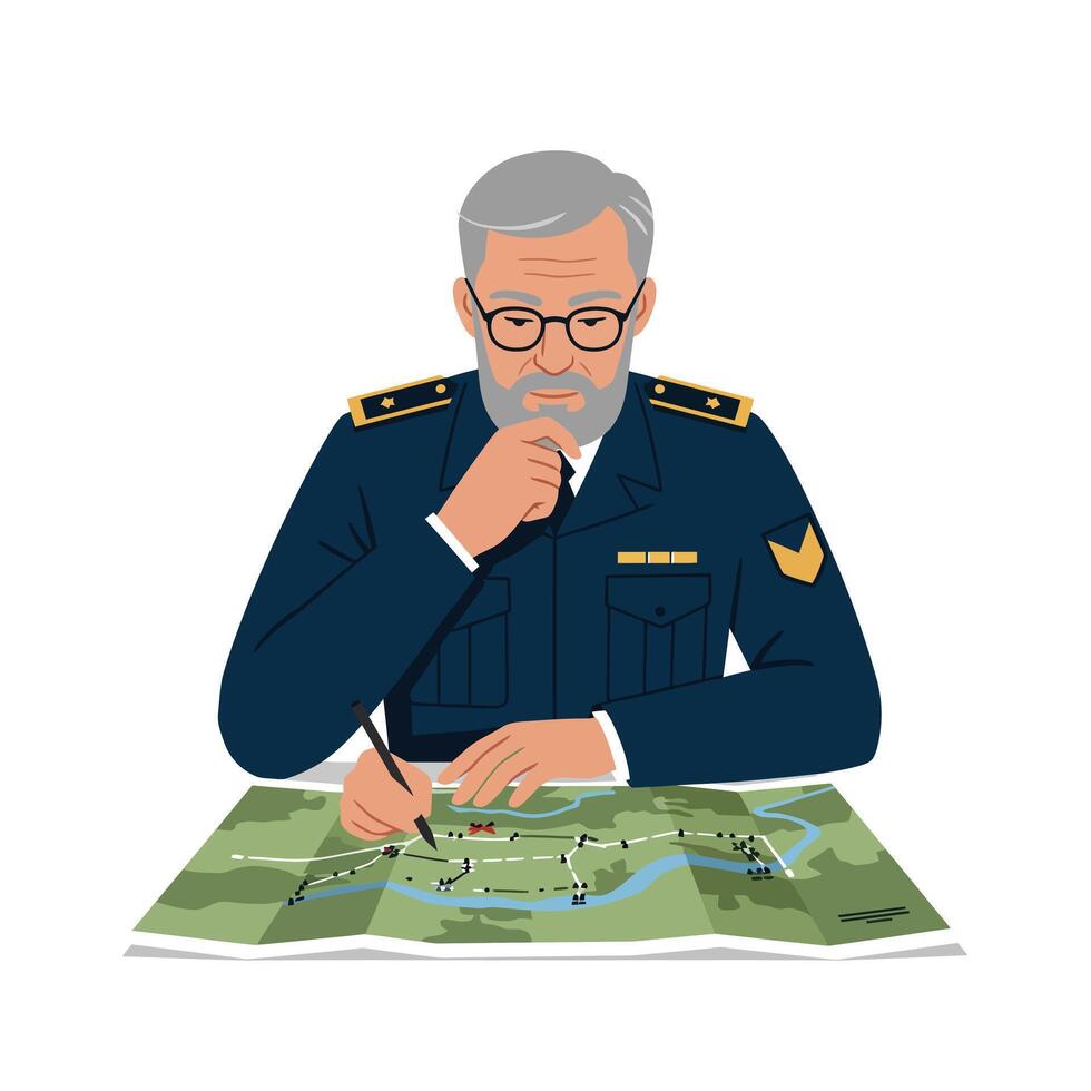 Military officer studying a strategic map in flat art style vector