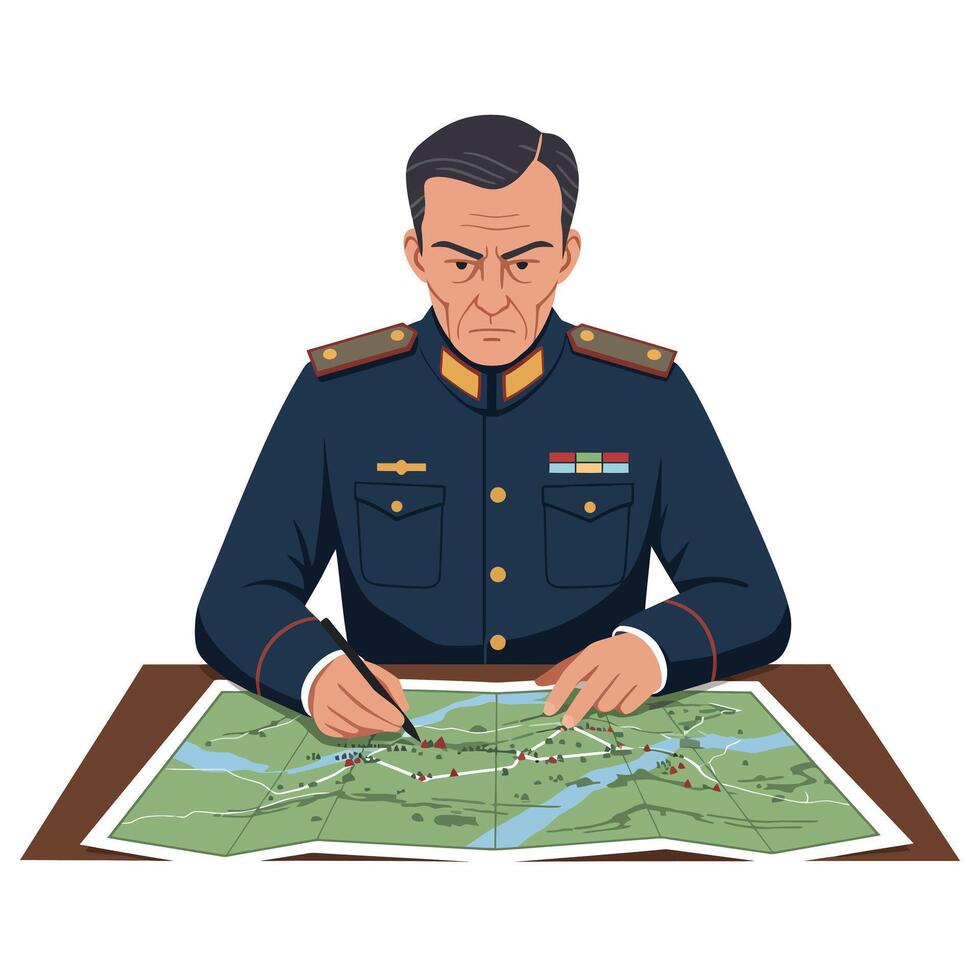 Military officer analyzing strategic map in detailed flat art vector