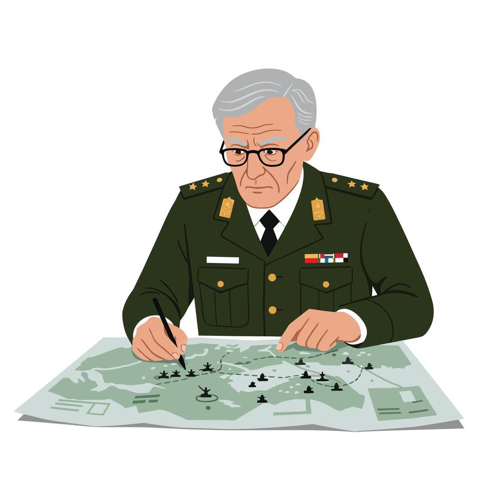 Military officer analyzing strategy on map in flat art vector