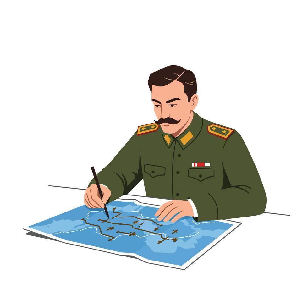 Soldier analyzing a map with focus on details in flat art vector