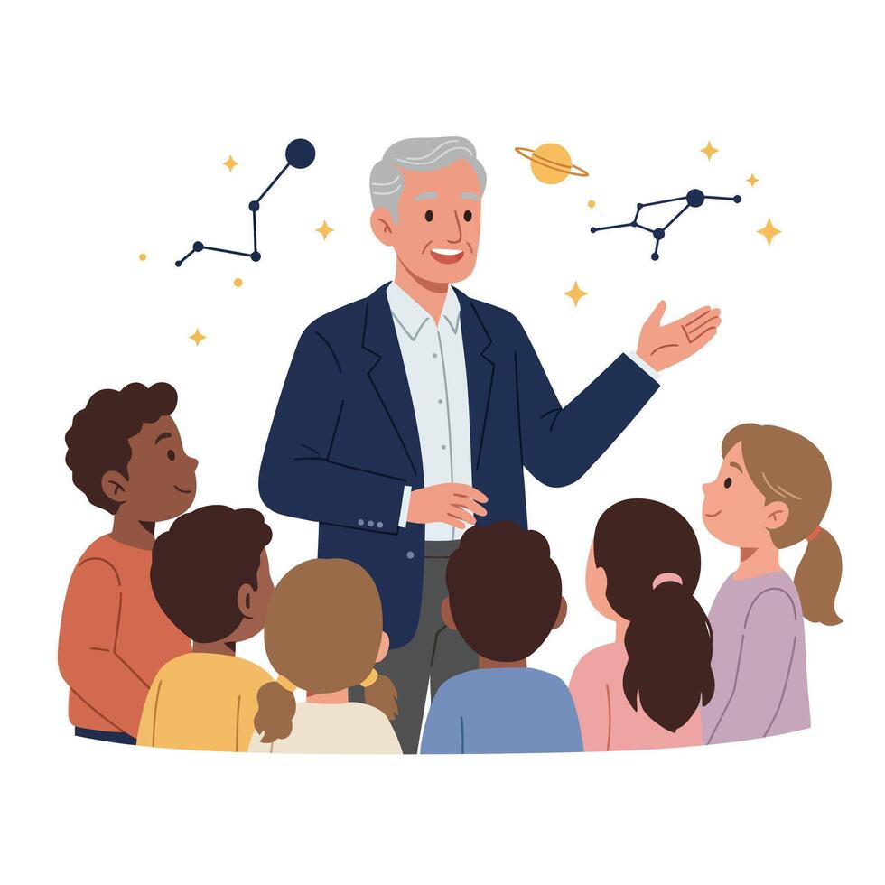 Engaging teacher explaining astronomy concepts to children in a flat illustration vector
