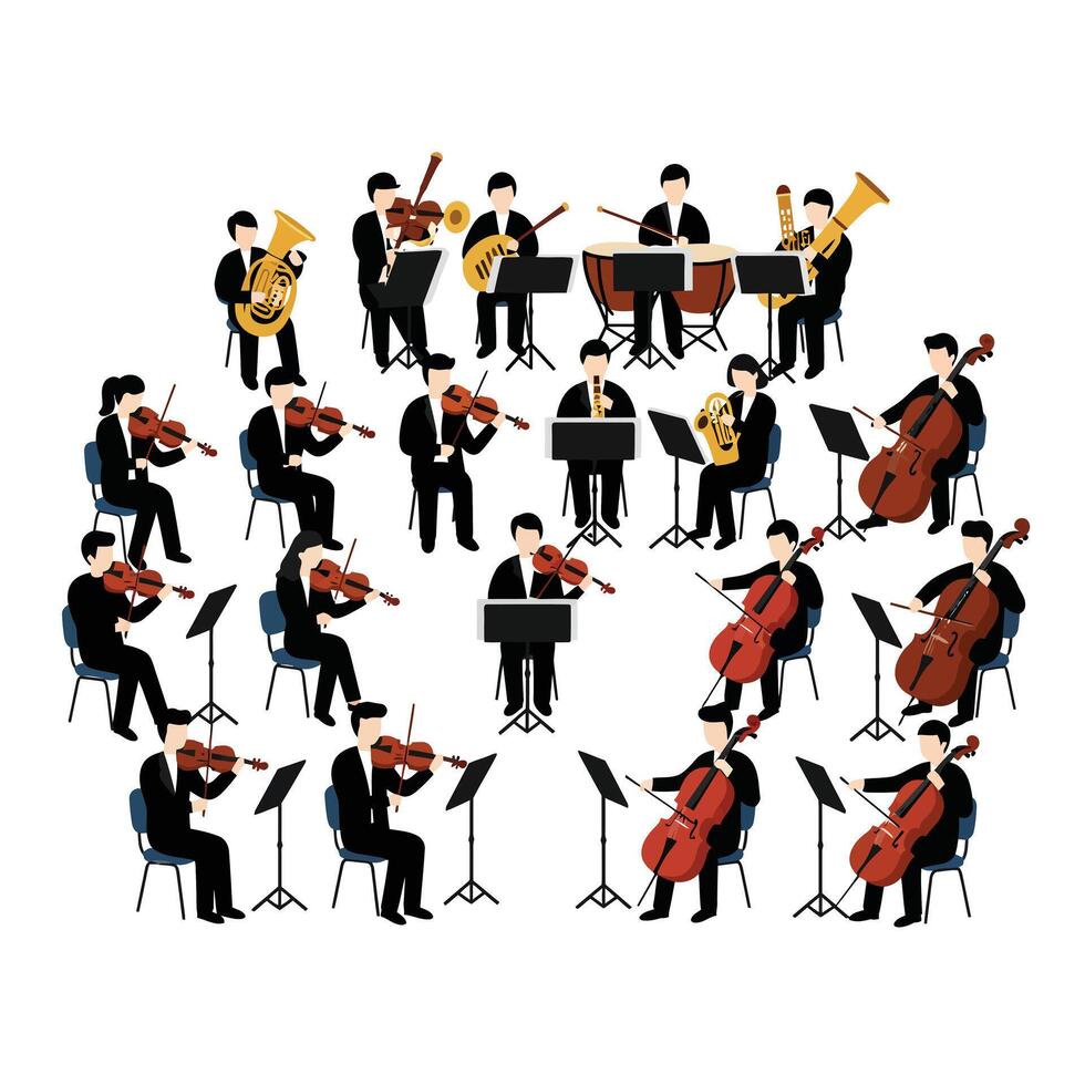 Orchestra performance with musicians playing various instruments in flat art vector