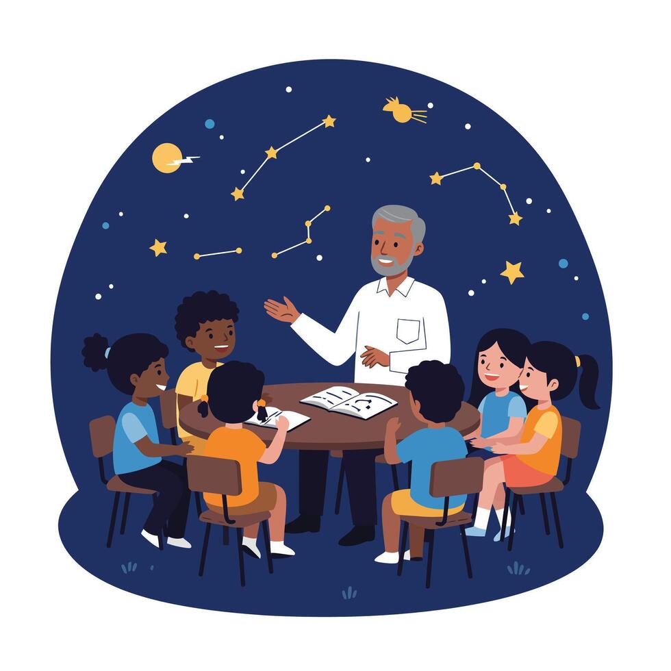 Engaging teacher explaining constellations to diverse group of children in flat art vector