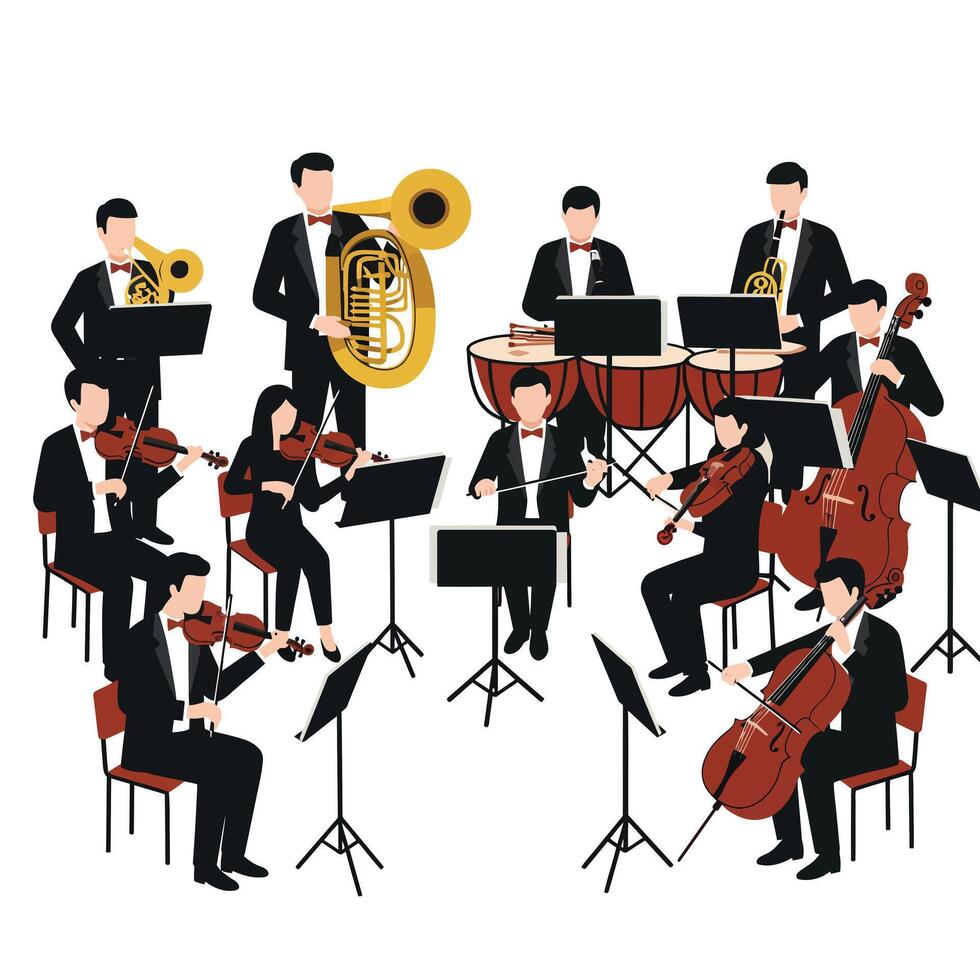 Orchestra performing in flat design style showcasing musicians and instruments in art vector