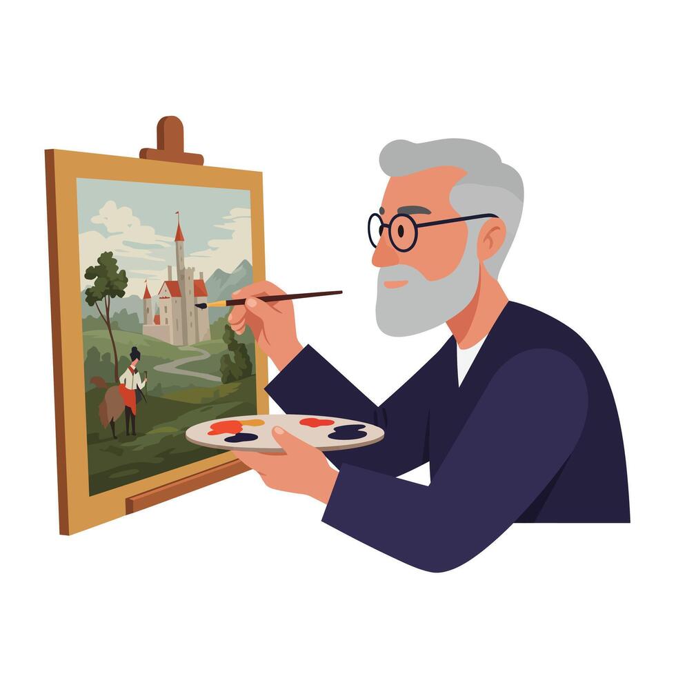 Elderly artist painting a landscape scene in flat style art vector