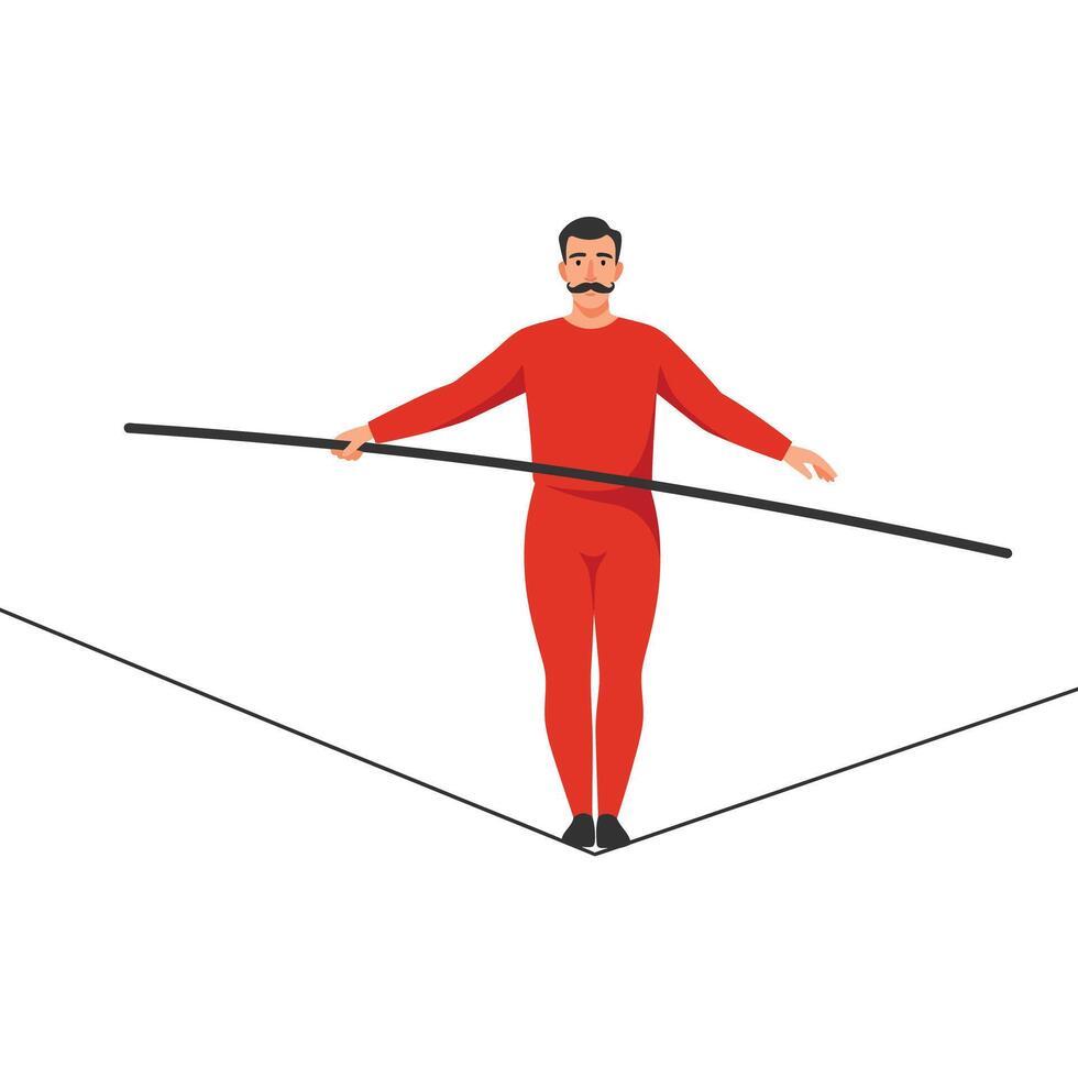 Tightrope walker in red outfit performing balanced act in flat art vector