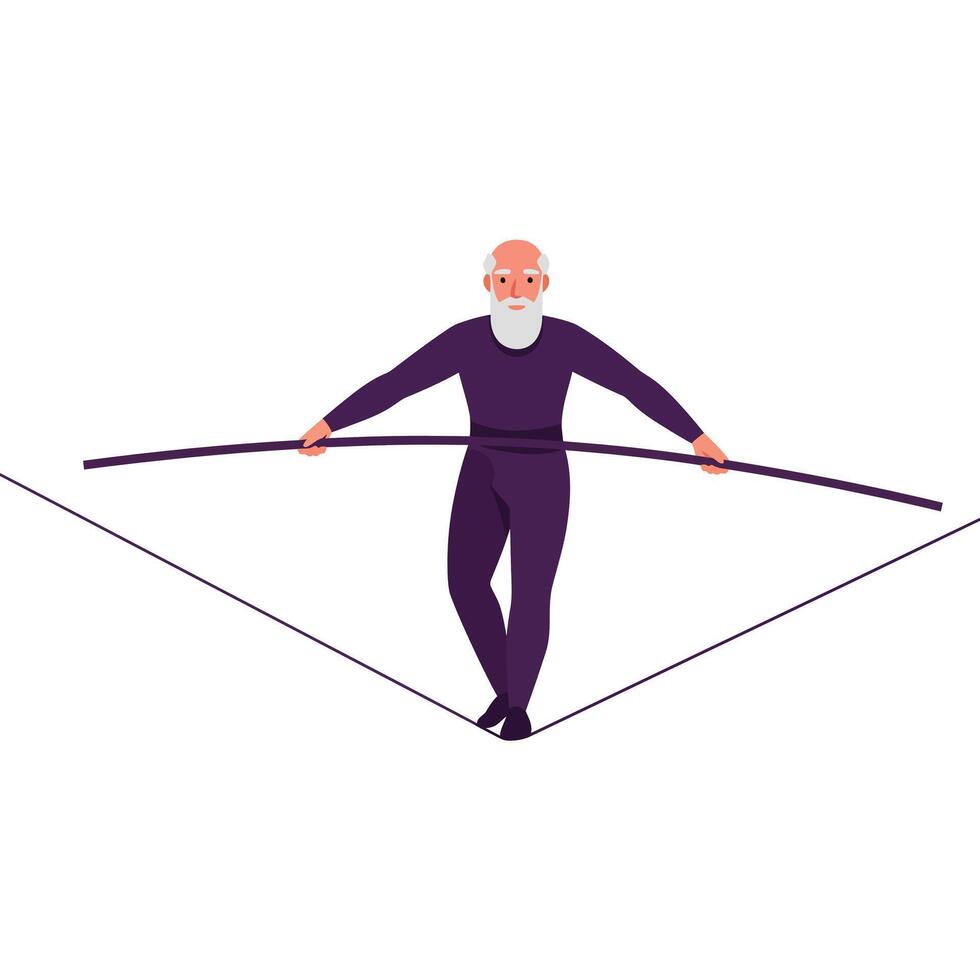 Senior man balancing on tightrope in minimal art style illustration vector