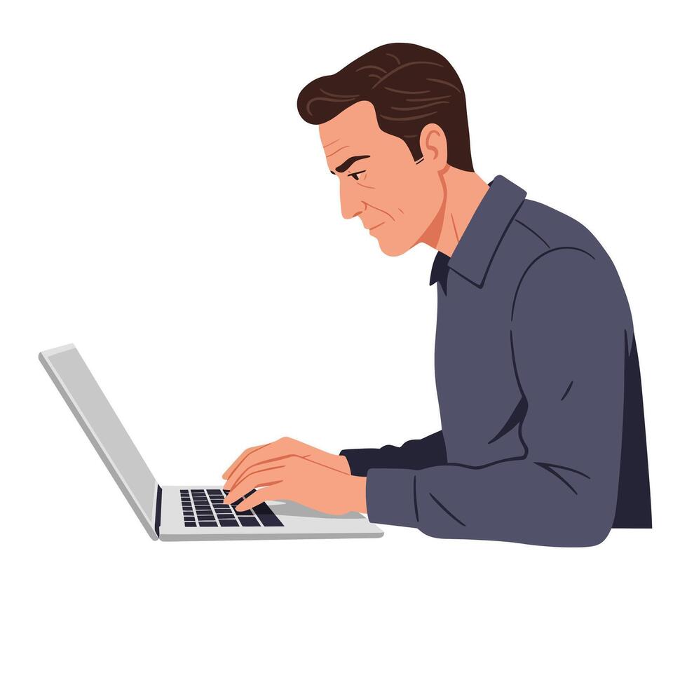 Focused man working on laptop in flat, minimal style illustration vector